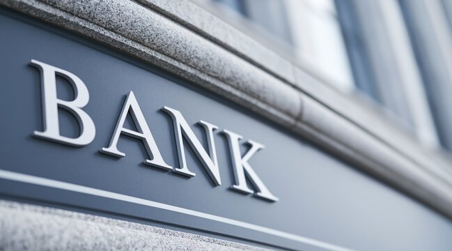 Metal letters spelling bank on exterior wall of financial building