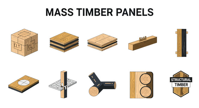 Infographic showing ten isometric illustrations of various mass timber panels and structural wood materials