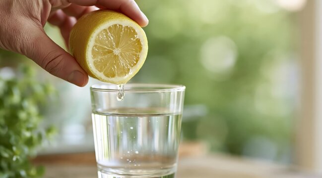 hand squeezing lemon juice into glass of water