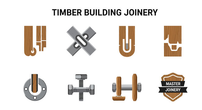 Infographic showing eight labeled timber building joinery techniques and a master joinery badge on a white background