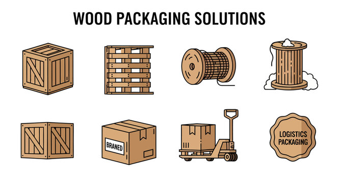Set of brown lineart icons for wooden packaging and logistics featuring crates pallets spools and a pallet jack