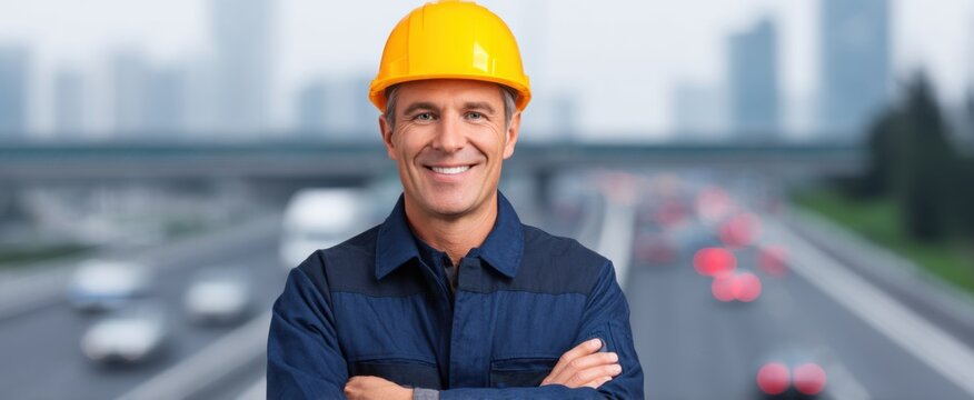 Confident engineer in a hard hat grins beside a bustling highway construction zone showcasing safety