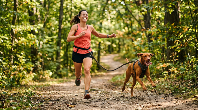 Woman running on a forest trail with her dog on a leash