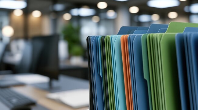 Close up of colorful office file folders in blurred modern workspace