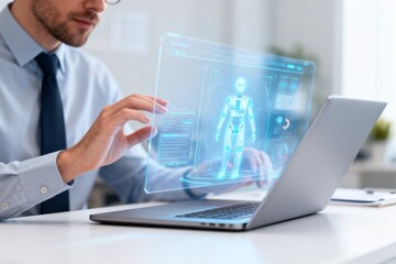 Fototapeta premium Man interacting with holographic human figure