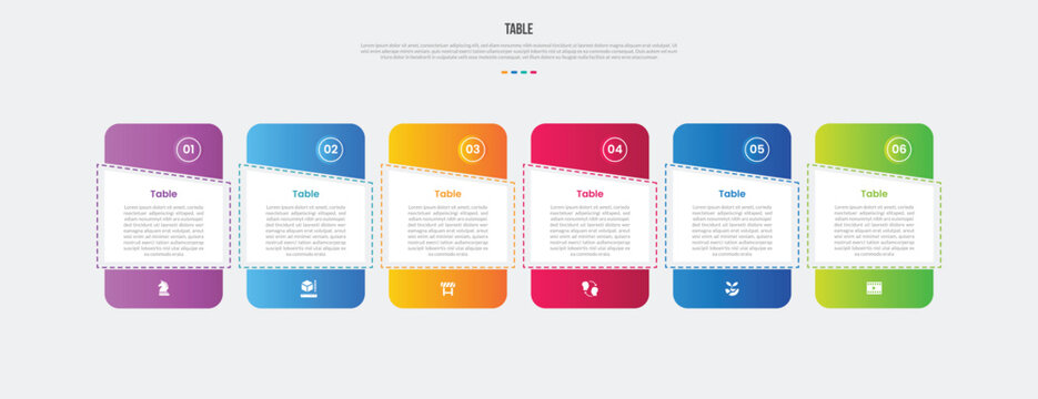 Table box base shape infographics gradient template diagram with vertical dotted outline rectangle with skew badge top layer with 6 point step creative