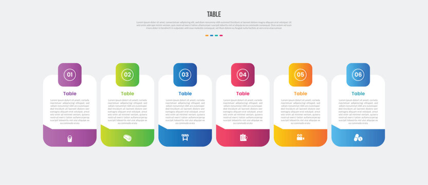 Table box base shape infographics gradient template diagram with round rectangle with square badge on top and bottom accessories with 6 point step creative