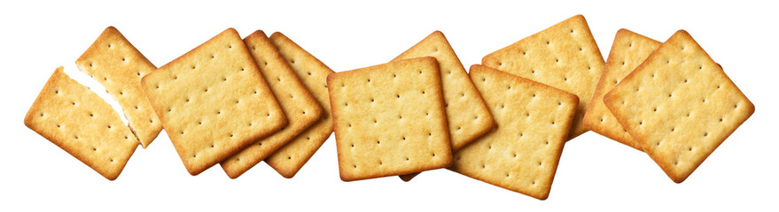 Fototapeta premium Set of delicious square crackers row with broken pieces, isolated on cutout transparent background