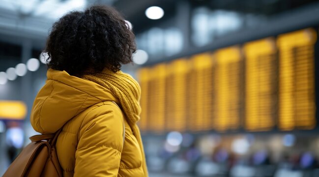 woman with curly hair in yellow puffer jacket looking at blurred flight schedule board