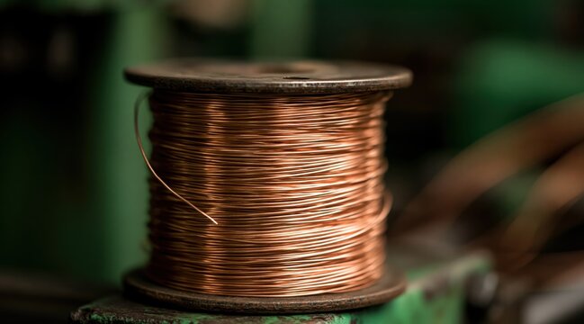 Close up of copper wire wound on metal spool in industrial workshop