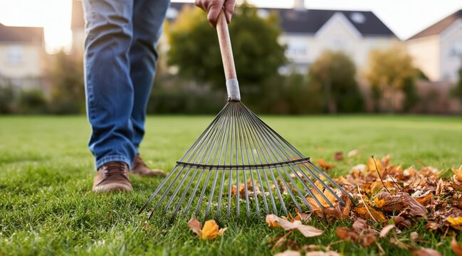 Raking fallen autumn leaves on green grass lawn in backyard