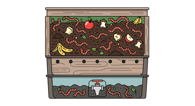 Sustainable Vermiculture System Illustration with Compost Worms Recycling Food Waste in a Tiered Bin for Organic Fertilizer Production
