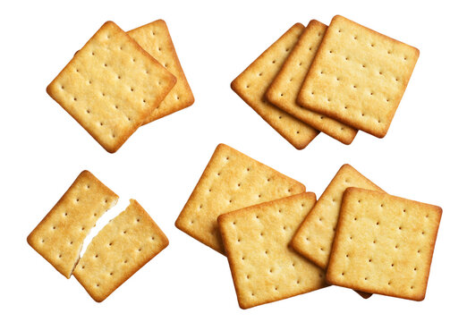 Set of square crackers in different arrangements, isolated on cutout transparent background