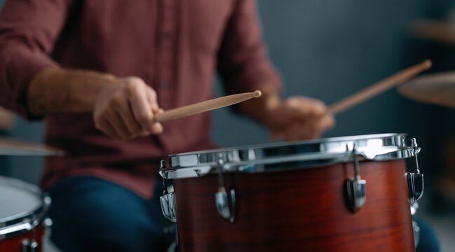 close up of man hands playing wood drum with drumsticks