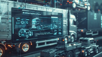 Fototapeta premium AI-driven logistics software displayed on truck dashboard in urban traffic