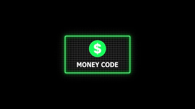 Tech neon green money code animation showing digital currency symbol modern financial technology concept for futuristic payment systems online banking and cryptocurrency promotions