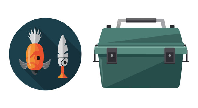 Green Fishing Tackle Box and Artificial Lures Illustration for Outdoor Angling Hobby