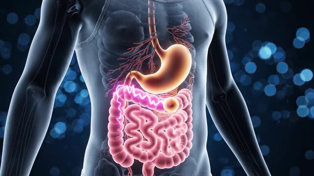 3D anatomical illustration of human torso showing glowing stomach and intestinal digestive system on blue bokeh background, illustrating acidity research and symbolizing health diagnostics