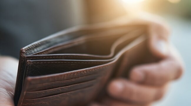 Close up empty brown leather wallet held in hands