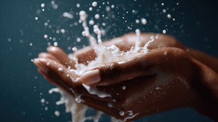 Fototapeta premium Person applying milky fermented essence with palms to face, probiotic skincare concept. Traditional ingredient innovation and Korean beauty care routine for healthy radiant skin nourishment.