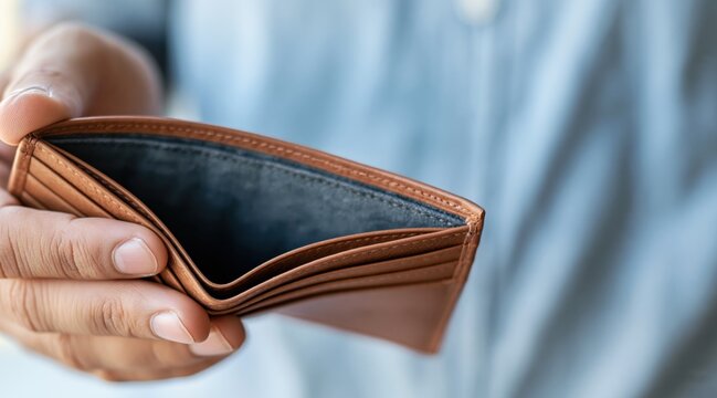 Close up of male hands opening empty brown leather wallet