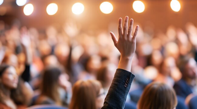 Hand raised for question in auditorium during conference session