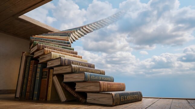 Surreal staircase built from stacked hardcover books rising through ceiling into open blue sky, knowledge and ambition concept vertical format