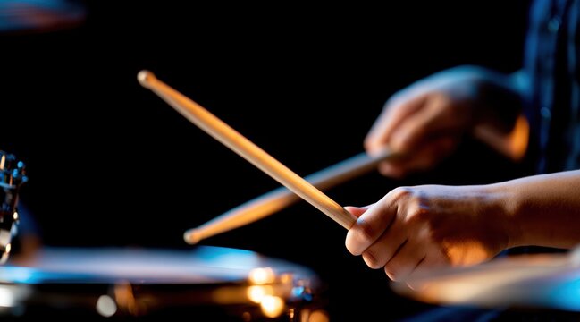 Hands playing snare drum with wooden drumsticks on dark background