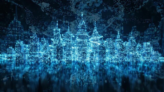 Futuristic digital city skyline with glowing blue pixelated skyscrapers reflecting on a dark water surface, illustrating big data infrastructure and representing global telecommunication networks
