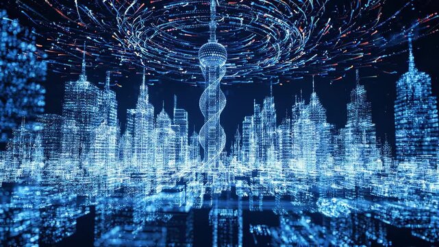 Futuristic smart city skyline with glowing digital towers and high-speed data trails in the night sky, Represents advanced urban connectivity, symbolizing high-tech infrastructure development