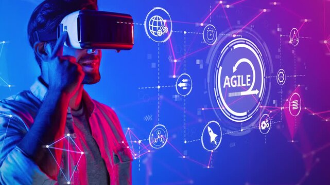 A young man explores virtual reality using a headset, surrounded by vibrant digital elements that symbolize innovation and agile methodologies for modern experiences. Raster