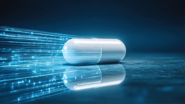 White capsule pill with digital data streams flowing through medication, smart medicine technology and future of pharmacy. Artificial intelligence for pharmaceutical innovation healthcare treatment.