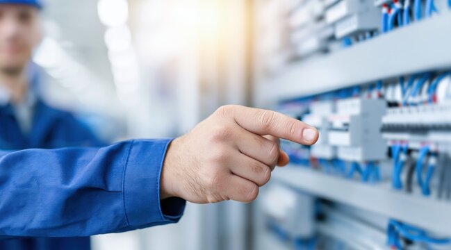 Worker hand pointing to electrical switchboard in modern facility