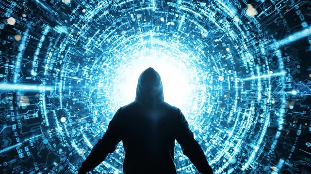 Silhouette of a hooded person standing with open arms in front of a glowing digital tunnel of circuit patterns, symbolizing futuristic cyber security and representing a virtual metaverse journey