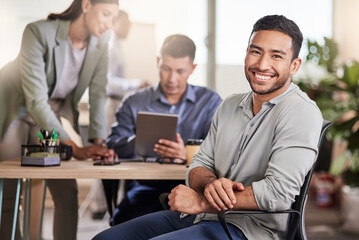 Portrait, smile and business man in meeting, about us and claims advisor with job opportunity....