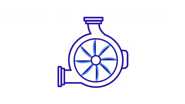 Blue Line Icon Animation of a Centrifugal Water Pump Rotating on a Clean White Background