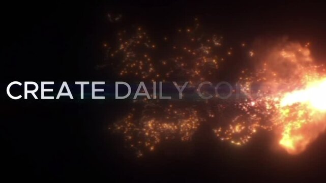 Minimal, elegant animation of bold, white text reading "CREATE DAILY CONTENT" on a black background with subtle glowing particles; ideal for social media and creator inspiration themes; clean, profess