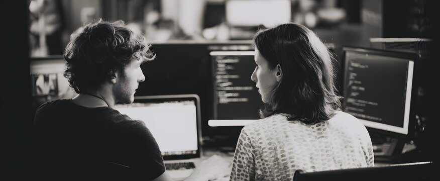 The software developers are collaborating creatively and efficiently while coding and reviewing projects in an office.