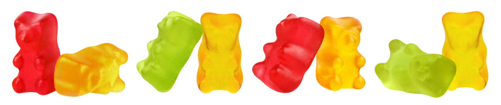 Set of colorful gummy bear candies, isolated on cutout transparent background