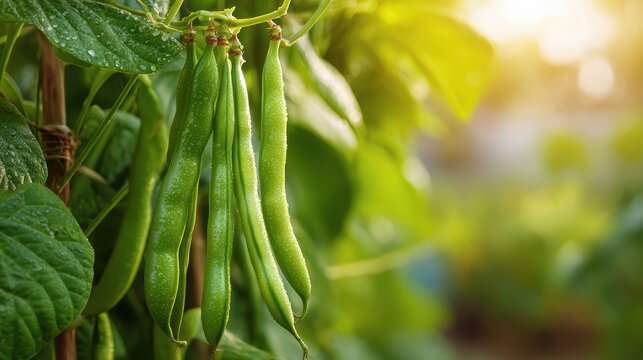 Green bean pods hanging from vines morning dew tender young vegetables natural garden environment, seasonal harvest homegrown organic food farming agriculture cultivation sustainable.