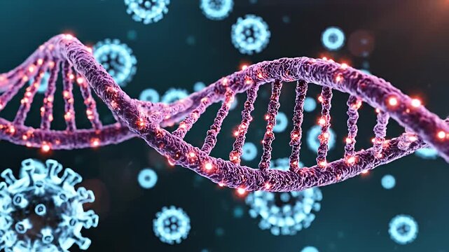 Abstract dna strand and microscopic viruses with blue and purple hues
