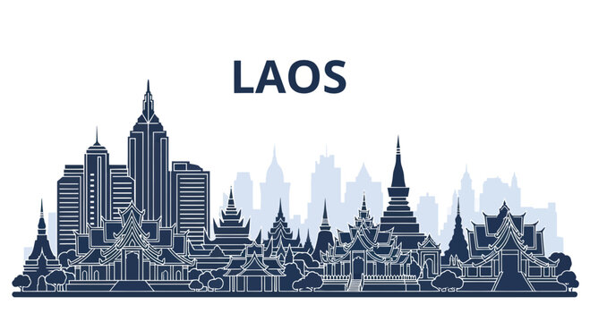 Laos Skyline Silhouette with Traditional and Modern Architecture