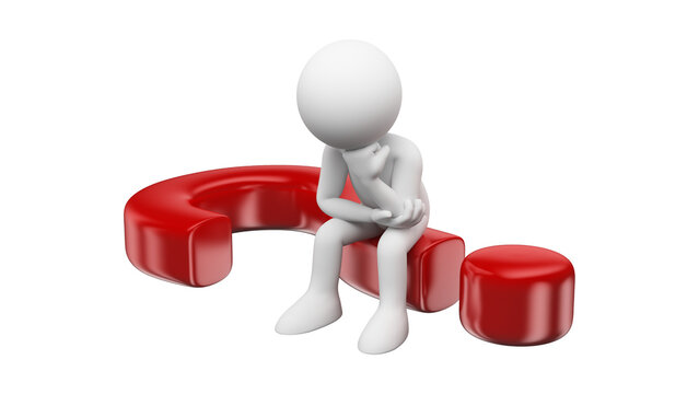 3D White Figure Sitting on Red Question Mark Thinking Concept
