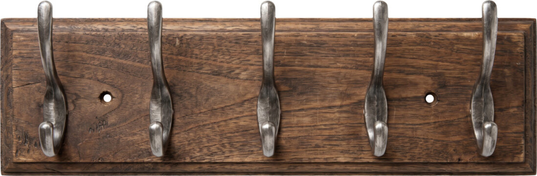 Rustic wooden key rack with five hooks isolated on transparent background