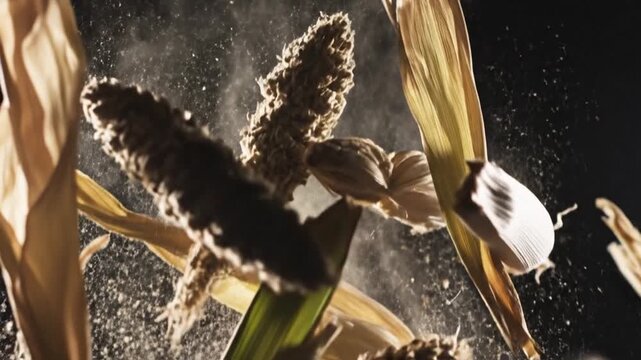 Corn Plant Material in Motion in Dark Atmosphere
