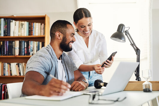 Laughing, phone and remote work with couple in home office for small business development. App, funny and meme with freelance people in apartment together for feedback, planning or startup research