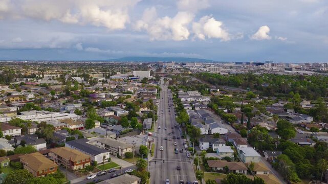 Ladera Heights Aerial Pullback View Along Boulevard Toward Inglewood