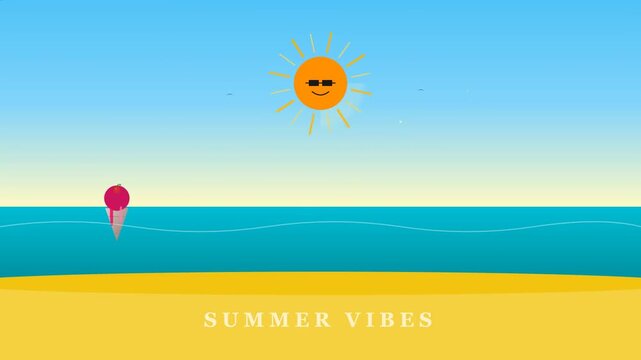 Summer vibes, beach scene, sunny day, ocean view, colorful illustration