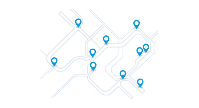 Abstract map with multiple blue location pins indicating various points of interest or destinations on a network of routes.