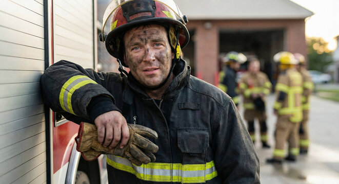 Portrait of a firefighter with a soot-covered face looking tired but heroic after a rescue mission